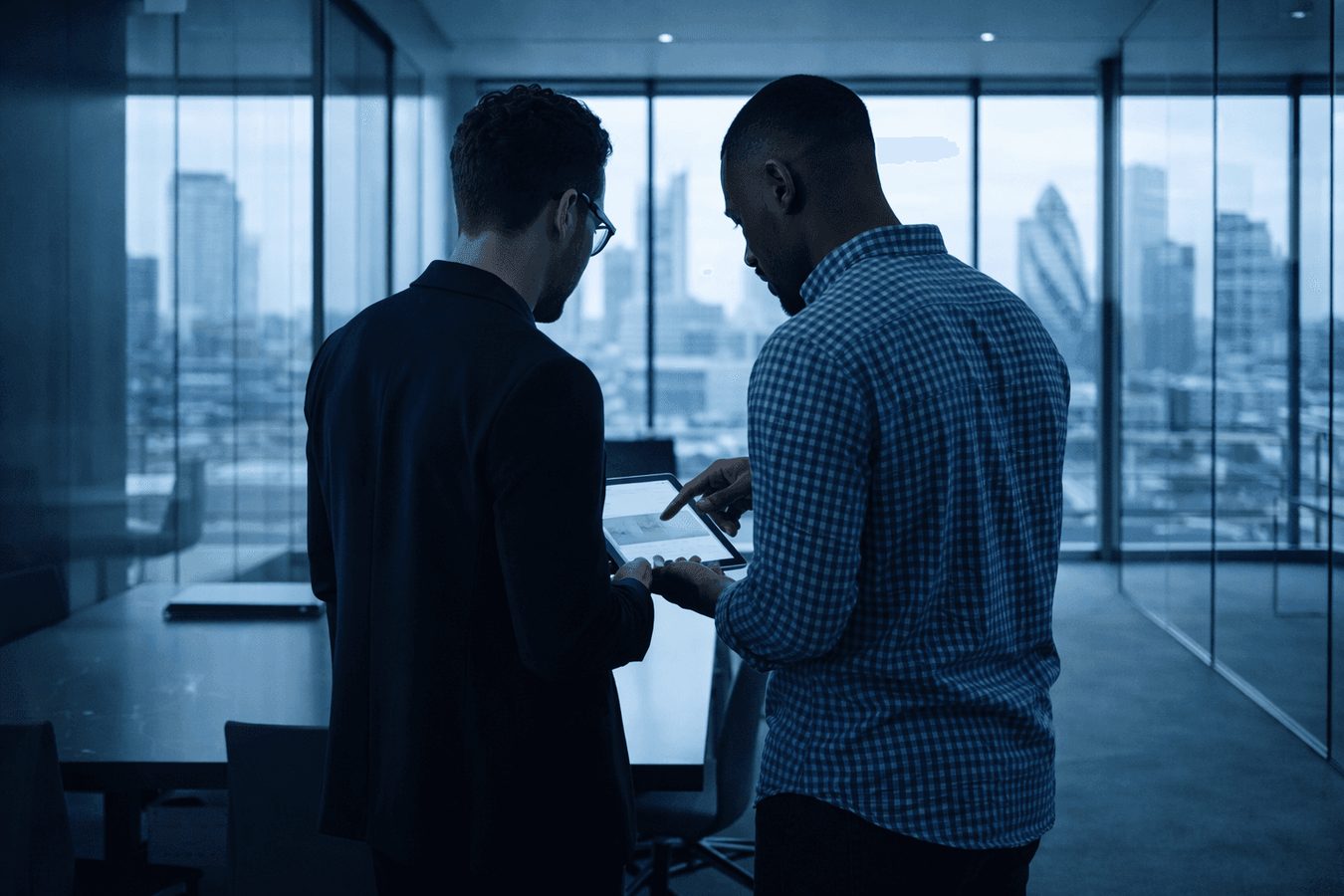 Two colleagues reviewing a tablet by an office window